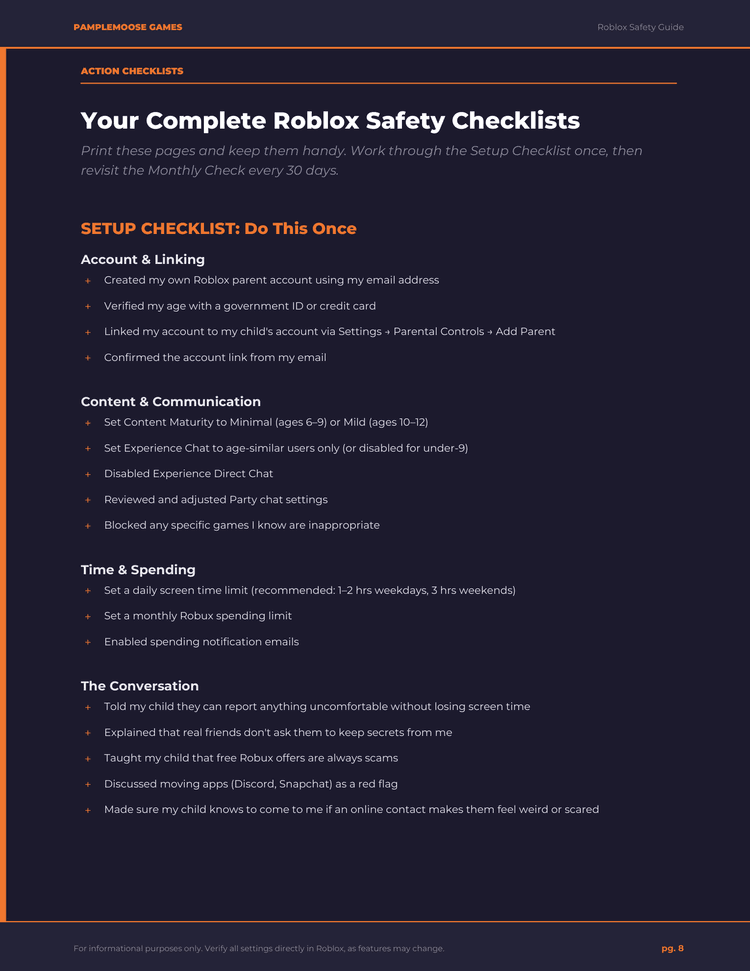 Setup checklist page from the Roblox Safety Guide